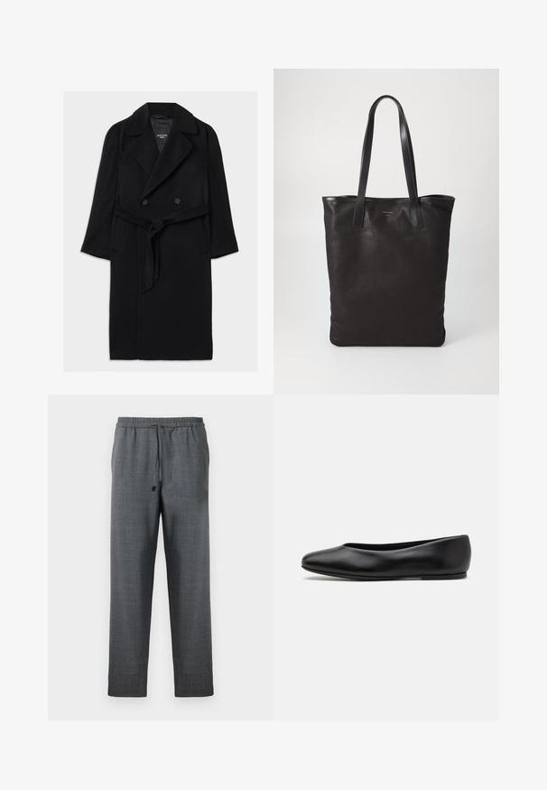 Crni kaput od vune s mješavinom materijala, dvorednim dizajnom, širokim reverima, pojasom u struku, bočnim džepovima i glatkom teksturom.; Sivi pulover s visokim ovratnikom izrađen od meke tkanine, s dugim rukavima, rebrastim ovratnikom i rubom te opuštenim krojem. Glatka tekstura i jednostavan dizajn.; Bijela košulja dugih rukava s gumbima i oštrom kragnom, jednim džepom na prsima i manžetama. Izrađena od glatkog, laganog materijala.; Tamno sive hlače od teksturirane tkanine, s elastičnim pojasom i podesivim vezicem. Ravne nogavice bez džepova.; Paul Smith TOPANGA - Balerinke - black; Crna platnena torba s crnim kožnim ručkama. Jednostavan dizajn, prostrano tijelo i glatka tekstura. Bez vidljivih logotipa ili uzoraka.