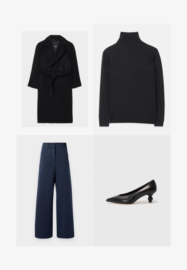 Abrigo de mezcla de lana negro con diseño de doble botonadura, amplias solapas, cintura ceñida con cinturón, bolsillos laterales y una textura suave.; Suéter negro de cuello alto hecho de tejido suave. Presenta mangas largas, un cuello alto y puños y dobladillo acanalados para un ajuste ceñido.; Pantalones de pierna ancha en azul marino, confeccionados en una tela suave, con una cintura alta que presenta dos botones frontales, dos bolsillos laterales y dobladillos rectos.; Zapato de tacón alto de cuero negro con puntera afilada y un tacón redondeado y abombado. Textura suave con un diseño elegante y minimalista.