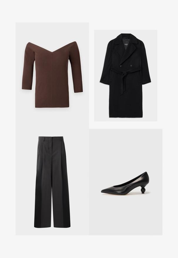 Black wool blend coat with a double-breasted design, wide lapels, belted waist, side pockets, and a smooth texture.; Brown ribbed off-the-shoulder top with a V-neck, featuring three-quarter sleeves and a fitted silhouette. Smooth texture throughout.; Black wide-leg trousers with a high waist, featuring front pleats, a smooth texture, and a tailored finish. Designed for a relaxed fit.; Black leather high heel shoe with a pointed toe and a round, balled heel. Smooth texture with a sleek, minimal design.