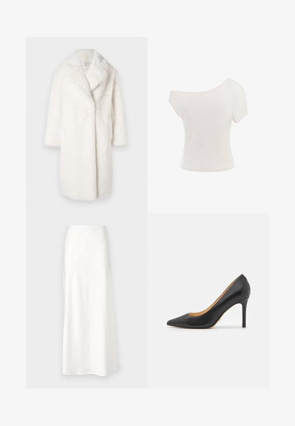 Palton alb din blană sintetică, cu guler tip șal, formă oversized și mâneci până la trei sferturi. Textură moale, fără închizători vizibile sau modele.; Tricou alb, fără umeri, realizat dintr-un material moale și ușor. Mâneci scurte, formă ajustată și detalii cu margini rulate. Textură netedă.; Fustă albă din satin cu o textură netedă, de lungime medie, în formă de A, cu talie elastică și fără modele sau embellishments vizibile.; Tocuri negre din piele, cu vârful ascuțit și toc stiletto, având o textură netedă și un design minimalist. Interiorul este căptușit în culoarea chihlimbar.