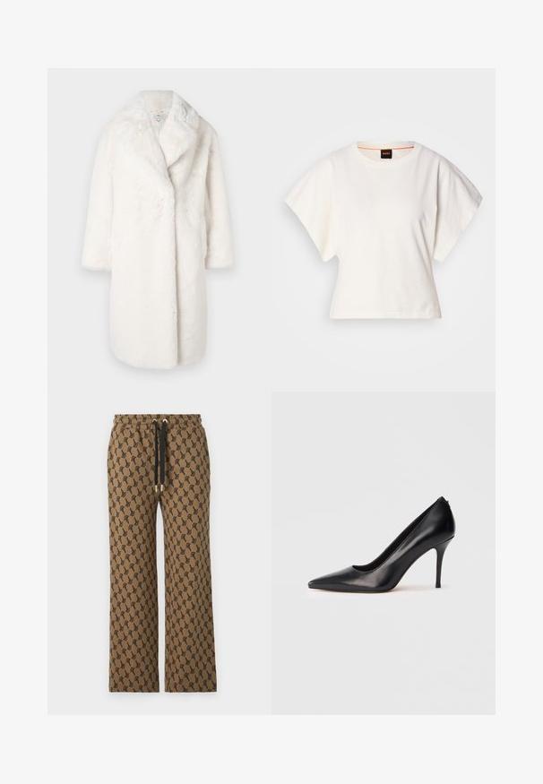 Weißer Kunstpelzmantel mit Schalkragen, oversize Schnitt und Dreiviertelärmeln. Weiche Textur ohne sichtbare Verschlüsse oder Muster.; Weißes, kurzes T-Shirt, kurze weite Ärmel, weicher Baumwollstoff, runder Ausschnitt mit subtilen orangefarbenen Akzenten, minimales Design, keine Muster oder Grafiken.; JOOP! TABBY - Jogginghose - medium brown; Schwarzer, hochhackiger Lederpumps mit spitzer Schuhspitze, glatter Textur und elegantem Design. Verfügt über einen schlanken, erhöhten Absatz und eine tief ausgeschnittene Vorderseite.
