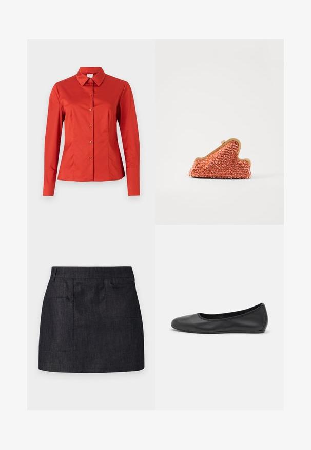 Dunkelgraue Jacke mit Stehkragen, zwei Fronttaschen und einem schlichten Design. Aus strukturiertem Stoff gefertigt und bietet einen minimalistischen Look.; Rothe Langarm-Hemd mit Knopfverschluss, ausgestattet mit einem klassischen Kragen, glatter Stoffoberfläche und einer taillierten Silhouette mit geradem Saum.; Dunkelblauer Jeansrock mit gerader Passform, ausgestattet mit zwei Fronttaschen und subtiler Textur. Sauberer Saum und klassisches Taillendesign.; Schwarze Leder-Ballettschuhe mit abgerundeter Spitze, glatter Textur, minimalen Nähdetails und einem flexiblen Sohlen-Design.; Cult Gaia GIANA - Clutch - currant