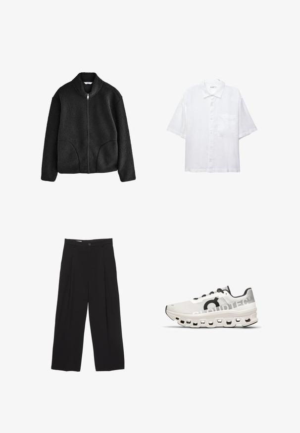 Zwarte fleecjack met hoge kraag, volledige rits aan de voorkant en twee zijzakken. Geweven stof met een zachte, pluizige textuur.; Witte korte mouwen shirt met een knoopsluiting aan de voorkant, kraag en een enkele borstzak. Gemaakt van lichte stof met een gladde textuur.; Zwarte wijde broek gemaakt van gladde stof, met een platte tailleband, voorplooien en een enkele knoopsluiting.; Witte hardloopschoen met een mesh bovenzijde, zwarte accenten, een gevoerde zool met hexagonale uitsparingen en "CLOUDTEC" branding.
