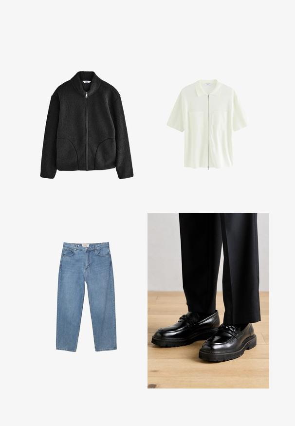 Jachetă neagră din fleece cu guler înalt, fermoar pe toată lungimea frontală și două buzunare laterale. Material texturat cu o senzație moale și pufos.; Cămașă albă cu mânecă scurtă și fermoar, realizată dintr-un material texturat, având un guler și două buzunare frontale cu clapete pătrate.; Jeans din denim albastru deschis, cu croială dreaptă, design cu cinci buzunare și o etichetă de brand vizibilă la talie.; Pantofi din piele neagră cu un finisaj neted, având o talpă lată și benzi decorative încrucișate peste glezna piciorului. Purtați cu pantaloni negri croiți.