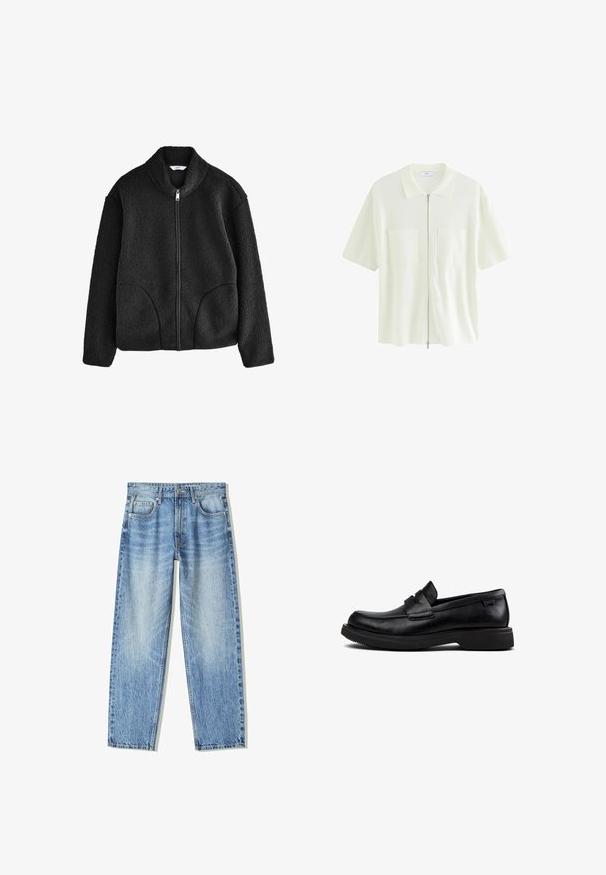 Svart fleecejacka med hög krage, full dragkedja fram och två sidofickor. Strukturerad tyg med en mjuk, plyschig känsla.; Kortärmad, vit zip-up skjorta i texturerad tyg, med krage och två framfickor med fyrkantiga lock.; Ljusblå denimjeans med lös passform, rak bendesign, fem fickor och blekt utseende. Inkluderar en framsidan knapp och dragkedjestängning.; Svart läder slip-on loafer med rund tå, låg sula och dekorativ rem över ovansidan.