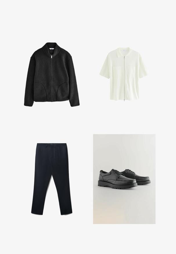 Veste en polaire noire avec col montant, fermeture éclair sur toute la longueur devant et deux poches latérales. Tissu texturé avec une sensation douce et moelleuse.; Chemise à manches courtes, blanche, à fermeture éclair, en tissu texturé, dotée d'un col et de deux poches avant avec rabats carrés.; Pantalon bleu marine avec une texture lisse, featuring des plis avant, une coupe droite et des poches latérales. Style classique et ajusté.; Chaussures en cuir noir avec une tige texturée, bout rond, design à lacets et semelles en caoutchouc épaisses dotées d'un motif de semelle.