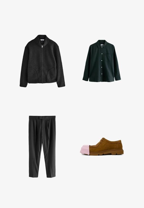 Veste en polaire noire avec col montant, fermeture éclair sur toute la longueur devant et deux poches latérales. Tissu texturé avec une sensation douce et moelleuse.; Chemise boutonée vert foncé avec un col, des manches longues et une poche poitrine unique ; elle dispose de boutons blancs et d'une texture douce.; Next REGULAR FIT -CHECK SMART - Chino - black; Chaussure en daim marron avec un capuchon en caoutchouc rose et une semelle en caoutchouc marron. Présente des lacets et un design cousu sur le dessus.