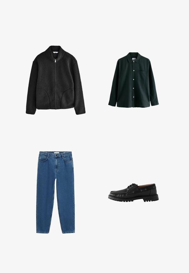 Čierna fleecová bunda s vysokým golierom, plným predným zipsom a dvoma bočnými vreckami. Textúrovaná tkanina s mäkkým a plyšovým pocitom.; Tmavozelená košeľa na gombíky s golierom, dlhými rukávmi a jednou náprsní kapsou; má biele gombíky a jemnú textúru.; Svetlomodré džínsy s rovnými nohavicami, s klasickým päticovým strihom a zapínaním na gombík v oblasti pása.; Čierne kožené lodenice s okrúhlym špičkou, viazaním a textúrovanou gumovou podrážkou. Obsahuje švy a kovové očká.