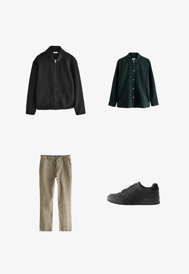 Chaqueta de forro polar negra con cuello alto, cremallera frontal completa y dos bolsillos laterales. Tejido texturizado con una sensación suave y esponjosa.; Camisa de botón de color verde oscuro con cuello, mangas largas y un bolsillo en el pecho; cuenta con botones blancos y una textura suave.; Pantalones de mezcla de lino, marrón claro con un acabado texturizado, que presentan una cintura con cordón y bolsillos laterales. Diseño ligero y de corte recto.; Zapatillas negras con un upper de cuero liso, detalles en ante contrastantes, forma estructurada y suela de goma texturizada.
