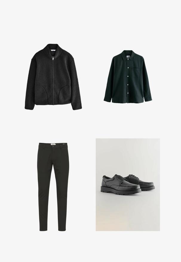 Czarna polarowa kurtka z wysokim kołnierzem, pełnym zamkiem z przodu oraz dwoma bocznymi kieszeniami. Teksturowany materiał o miękkim, pluszowym wykończeniu.; Ciemnozielona koszula z długim rękawem i kołnierzykiem, posiadająca jedną kieszeń na piersi; wyróżnia się białymi guzikami i miękką fakturą.; Czarne, dopasowane spodnie wykonane z gładkiego materiału, z zapięciem na guzik, paskiem, kieszeniami z przodu oraz minimalistycznym designem.; Czarne skórzane buty z teksturowaną cholewką, okrągłym noskiem, sznurowanym zapięciem oraz grubą gumową podeszwą z bieżnikiem.