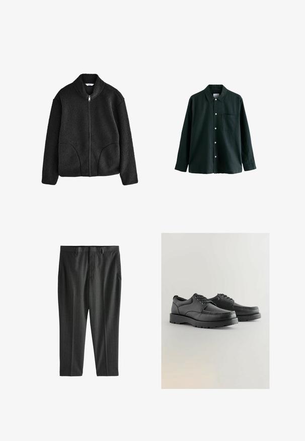 Fekete bolyhos dzseki magas gallérral, teljes elülső cipzárral és két oldalsó zsebbel. Texturált anyag, amely puha, plüss érzetű.; Sötétzöld gombos ing, gallérral, hosszú ujjú, egyetlen mellzsebbel; fehér gombokkal és puha tapintással rendelkezik.; Next STRIPE-REGULAR FIT - Vászonnadrágok - charcoal grey; Fekete bőr cipők textúrált felsőrésszel, kerek orral, fűzős kialakítással és vastag gumitalppal, amely barázdált mintázattal rendelkezik.
