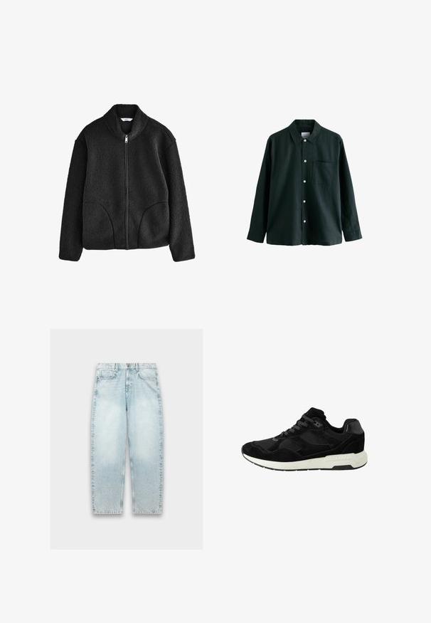 Črna flis jakna z visokim ovratnikom, celotnim sprednjim zadrgo in dvema stranskima žepoma. Teksturirana tkanina z mehkim, puhastim občutkom.; Temnozeleno srajco z gumbom in ovratnikom, dolgimi rokavi in enim žepom na prsih; ima bele gumbe in mehko teksturo.; Svetlo modri traper hlače z ohlapnim krojem, ravnimi nogami, zbledelim videzom, petimi žepi in kovinsko zadrgo na pasu.; Črne atletske čevlje iz semiša in mrežastega materiala z zaobljenim prstom, zavezovanjem na vezalke in belim gumijastim podplatom z teksturiranimi detajli.