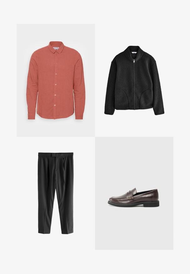Fekete bolyhos dzseki magas gallérral, teljes elülső cipzárral és két oldalsó zsebbel. Texturált anyag, amely puha, plüss érzetű.; Hosszú ujjú ing halvány korall színű vászonból, amely klasszikus gallérral és elöl gombos záródással rendelkezik, azonos színű gombokkal. Sima textúrájú és szabott fazonú.; Next REGULAR FIT -CHECK SMART - Vászonnadrágok - black; Barna bőr loaferek sima felülettel, finoman varrott részletekkel a felső részen és fekete gumitalppal.