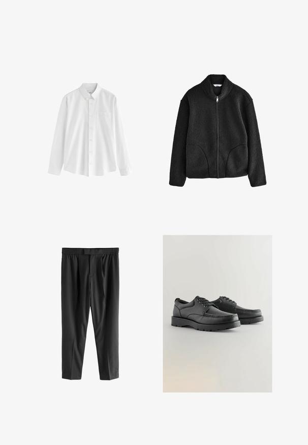 Veste en polaire noire avec col montant, fermeture éclair sur toute la longueur devant et deux poches latérales. Tissu texturé avec une sensation douce et moelleuse.; Chemise blanche à manches longues en coton avec un col boutonné, une poche poitrine unique et une coupe décontractée. Elle est ornée de petits boutons sur le devant.; Next REGULAR FIT -CHECK SMART - Chino - black; Chaussures en cuir noir avec une tige texturée, bout rond, design à lacets et semelles en caoutchouc épaisses dotées d'un motif de semelle.