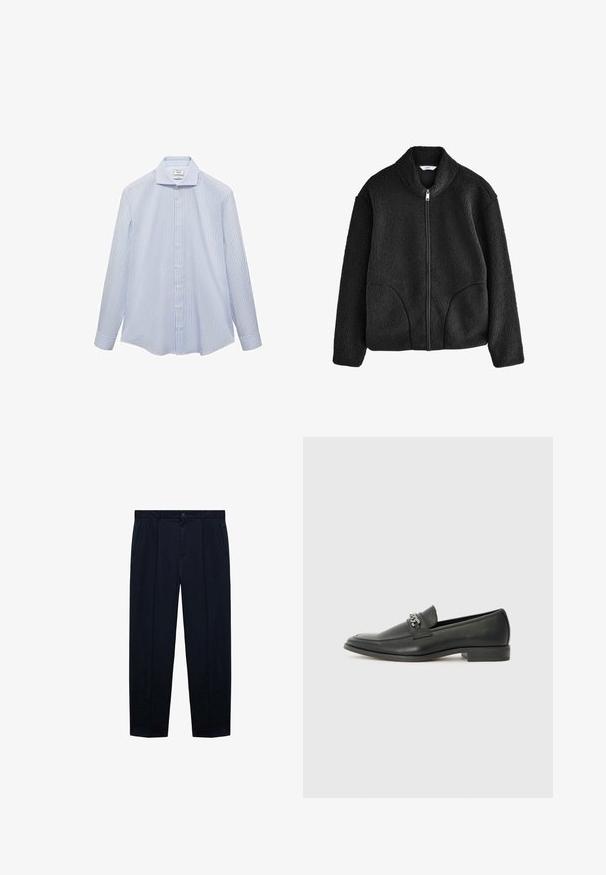 Schwarze Fleecejacke mit hohem Kragen, durchgehendem Reißverschluss und zwei Seitentaschen. Strukturiertes Material mit einem weichen, plüschigen Gefühl.; Hellblaues Langarmhemd mit weißen vertikalen Streifen, Button-Down-Kragen und Vorderknöpfen. Glatte Stoffqualität mit strukturierter Passform.; Marineblaue, flache Hosen aus leichtem Stoff mit glatter Textur; verfügen über einen Knopfverschluss und zwei Seitentaschen.; Schwarzer Lederloafer mit glatter Oberfläche, ausgestattet mit einer gesteppten Gestaltung und einem dekorativen Metallkettendetail über dem Vorderblatt. Flacher Absatz.