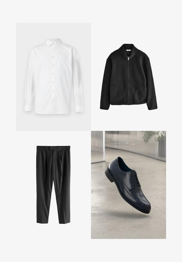 Juodas vilnos džemperis su aukštu apykakle, pilnu priekinio užtrauktuko uždarymu ir dviem šoniniais kišenėmis. Tekstūruotas audinys, pasižymintis minkštu ir puriu jausmu.; Balta ilgomis rankovėmis marškiniai su klasikinėmis apykaklėmis, priekyje sagomis ir subtilia tekstūra, su apvaliu hemu ir sagų rankogaliais.; Next REGULAR FIT -CHECK SMART - Chino stiliaus kelnės - black; Blizgūs juodi odiniai suknelės batai su raišteliais, skirti pakibti virš lygaus, šviesiai pilko grindų paviršiaus ir vertikalių metalinių strypų fone.