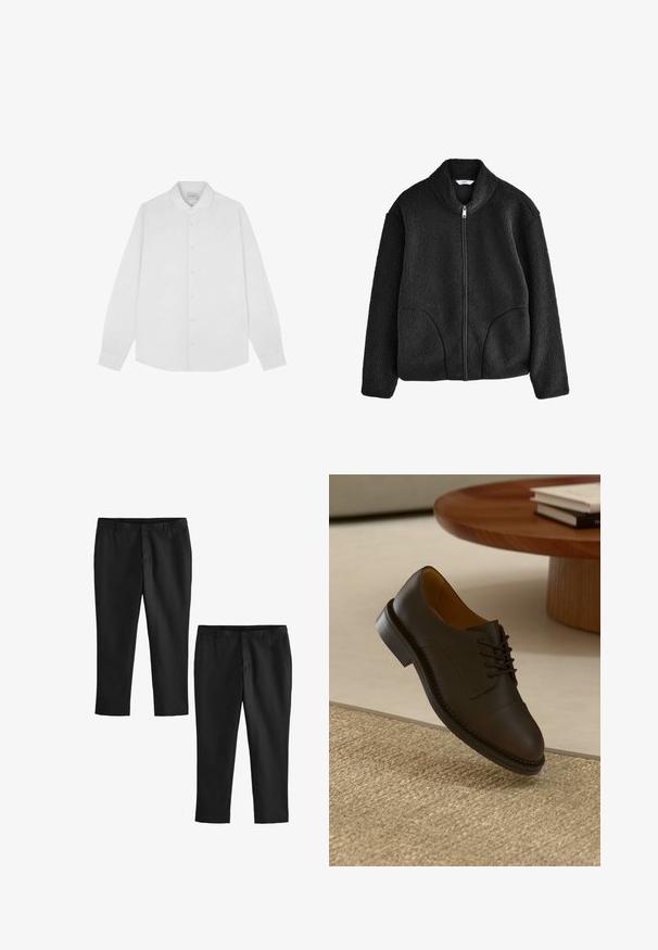 Giacca in pile nera con colletto alto, zip frontale completa e due tasche laterali. Tessuto strutturato con una sensazione morbida e pelosa.; Camicia bianca a maniche lunghe con colletto punta, texture morbida e orlo dritto. Presenta cuciture sottili e bottoni beige chiaro.; Pantaloni neri su misura con una texture liscia, caratterizzati da un design a gamba dritta e vita media. Vengono mostrati due modelli, uno accorciato.; Scarpa da uomo in pelle marrone con un upper testurizzato, design a lacci, cuciture a contrasto e suola in gomma resistente, sospesa sopra un tappeto intrecciato.