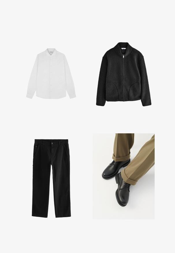 Jachetă neagră din fleece cu guler înalt, fermoar pe toată lungimea frontală și două buzunare laterale. Material texturat cu o senzație moale și pufos.; Cămașă albă cu mâneci lungi, cu guler ascuțit, textură moale și hem drept. Prezintă cusături subtile și nasturi bej deschis.; Pantaloni negri din bumbac cu design drept, dotati cu inchidere cu nasture frontal, buzunare laterale înclinate și detalii subtile de cusătură.; Pantofi negri din piele cu un finisaj neted, dotati cu sireturi si varf rotunjit, asortați cu pantaloni kaki rulați.