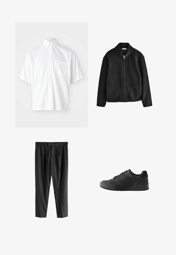 Sort fleecejakke med høj krave, fuld frontlynlås og to sidelommer. Teksturstof med en blød, luksuriøs fornemmelse.; Kortærmet hvid skjorte lavet af glat stof, med knap-underskud og en enkelt brystlomme på venstre side.; Next REGULAR FIT -CHECK SMART - Chino - black; Sorte sneakers med en glat læderoverdel, kontrasterende ruskindsdetaljer, struktureret form og en tekstureret gummisål.