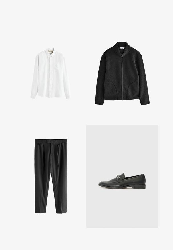 Čierna fleecová bunda s vysokým golierom, plným predným zipsom a dvoma bočnými vreckami. Textúrovaná tkanina s mäkkým a plyšovým pocitom.; Biela dlhá košeľa s dlhým rukávom vyrobená z ľahkej látky, s golierom na gombíky, prednou vreckom a klasickým gombíkovým zapínaním.; Next REGULAR FIT -CHECK SMART - Nohavice chinos - black; Čierne kožené loafers s hladkým povrchom, s prešitým dizajnom a dekoratívnym kovovým reťazovým akcentom cez priehlavok. Plochý podpätok.