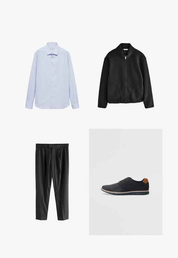 Schwarze Fleecejacke mit hohem Kragen, durchgehendem Reißverschluss und zwei Seitentaschen. Strukturiertes Material mit einem weichen, plüschigen Gefühl.; Himmelblaues Langarmhemd mit schmalen weißen Streifen, einer Button-Down-Krag, und einem geraden Saum. Verfügt über weiße Knöpfe auf der Vorderseite.; Next REGULAR FIT -CHECK SMART - Chino - black; Schwarze synthetische Schuhe mit einer strukturierten Oberseite, glatten Akzenten, braunem Absatz und einer kontrastierenden Sohle. Verfügt über minimale Schnürung und Nähdetails.