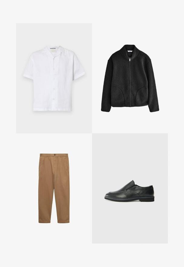 Zwarte fleecjack met hoge kraag, volledige rits aan de voorkant en twee zijzakken. Geweven stof met een zachte, pluizige textuur.; Witte kortaverige shirt van lichtgewicht linnen, met een camp collar en een knoopsluiting aan de voorkant met decoratieve knopen.; Bruine katoenen chinos met een rechte snit, twee zijzakken, een knoopsluiting en een zachte textuur. Middelhoge taille en taps toelopende pijpen.; Zwarte leren instapper met een soepele bovenkant, gestikte accenten, ronde neus en een lage rubberen hak. De zool heeft minimale profiel.