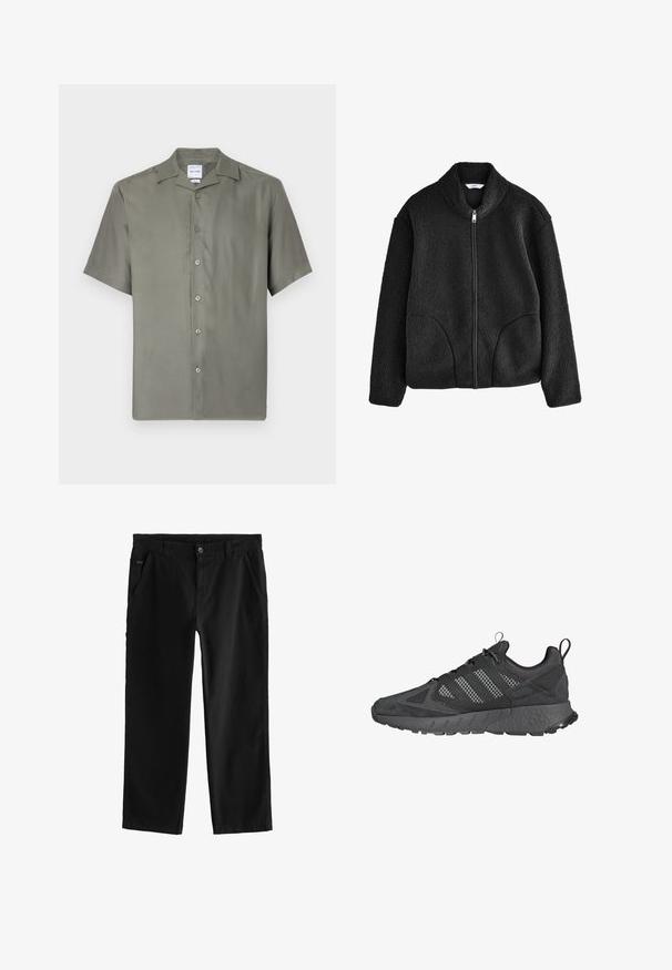 Melnā flīsa jaka ar augstu apkakli, pilnu priekšējo rāvējslēdzi un divām sānu kabatām. Strukturēta auduma ar mīkstu, pūkainu sajūtu.; Īsām piedurknēm pogājama krekla izgatavota no mīksta olīvzaļā auduma. Tam ir klasiskā apkakle, septiņas priekšējās pogas un brīva piegriezuma. Gluda tekstūra.; Melni kokvilnas bikses ar taisnu kāju dizainu, kas piedāvā priekšējo pogu aizdari, slīpas sānu kabatas un smalkas duršanas detaļas.; Melni sporta apavi ar acs auduma un zamšādas virspusi, teksturētu gumijas zoli, mīkstu apkakli un izteiksmīgu trīsošu dizainu pelēkā krāsā.