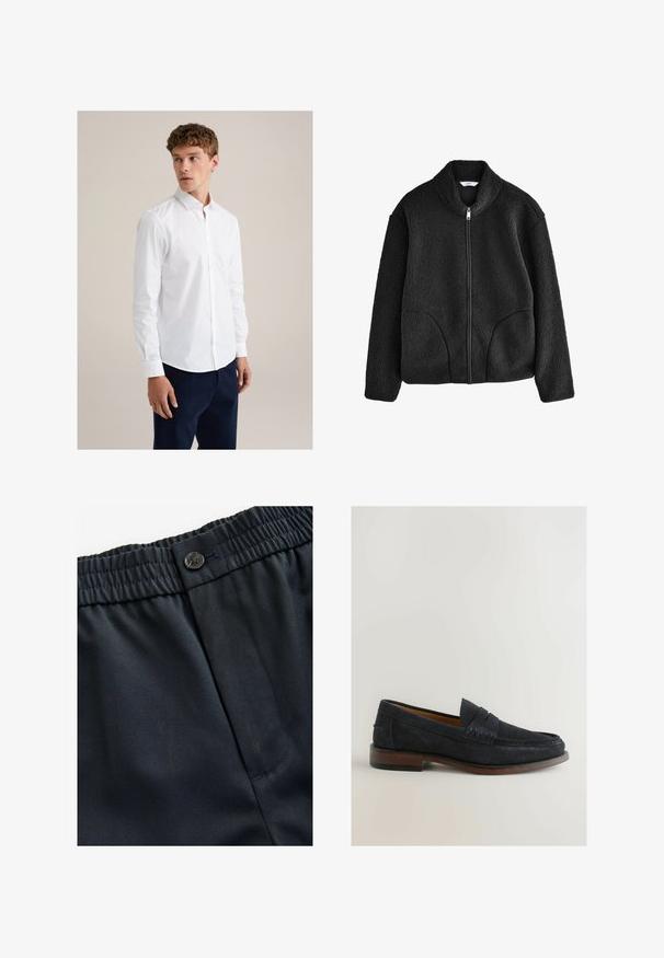 Giacca in pile nera con colletto alto, zip frontale completa e due tasche laterali. Tessuto strutturato con una sensazione morbida e pelosa.; Giovane uomo con capelli ricci, indossa una camicia bianca aderente con bottoni e pantaloni di un blu navy scuro, in piedi davanti a uno sfondo beige uniforme.; Tessuto leggero di colore blu navy con una texture liscia. Presenta una cintura elastica con chiusura a bottone e una tasca laterale.; Mocassini in suede blu navy con un accento cucito e un tacco di legno marrone basso. Punta arrotondata e design senza lacci con hardware invisibile.