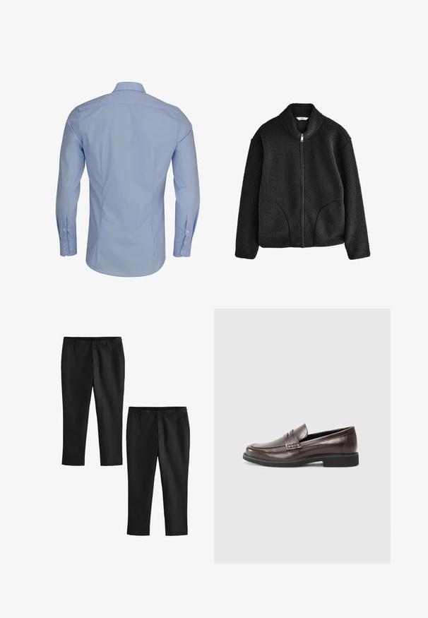 Mustat fleecetakki, jossa on korkea kaulus, koko etukuja ja kaksi sivutaskua. Teksturoitu kangas, jossa on pehmeä ja ylellinen tunne.; Vaaleansininen pitkähihaine paita, jossa on napillinen kaulus, sileä rakenne ja istuva muotoilu, valkoiset napit korostamassa yksityiskohtia.; Mustat räätälöidyt housut, joissa on sileä tekstuuri, suorajalkaiset mallit ja keskipitkä vyötärö. Näytetään kaksi paria, joista toinen on lyhennetty.; Ruske nahkasaappaat sileällä pinnalla, joissa on hienovarainen tikkaus yksityiskohtana yläpinnassa ja musta kumipohja.