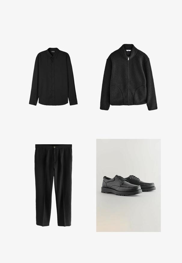 Giacca in pile nera con colletto alto, zip frontale completa e due tasche laterali. Tessuto strutturato con una sensazione morbida e pelosa.; Maglietta nera a maniche lunghe realizzata in tessuto leggero, con colletto a punta, chiusura con bottoni e vestibilità ampia con orlo arrotondato.; Pantaloni neri realizzati in tessuto leggero, con design a gamba dritta, fronte plissettata e chiusura con un singolo bottone in vita.; Scarpe in pelle nera con tomaia texturizzata, punta tonda, design con lacci e suole spesse in gomma con un motivo di battistrada.