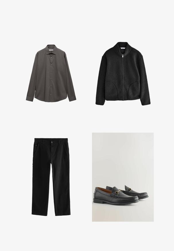 Giacca in pile nera con colletto alto, zip frontale completa e due tasche laterali. Tessuto strutturato con una sensazione morbida e pelosa.; Camicia a maniche lunghe di colore grigio scuro, realizzata in tessuto morbido. Caratterizzata da un colletto, chiusura con bottoni e un'orlo curvo con una vestibilità rilassata.; Pantaloni in cotone neri con design a gamba dritta, caratterizzati da una chiusura frontale con bottone, tasche laterali angolate e dettagli di cucitura discreti.; Mocassini in pelle nera con finitura testurizzata. Presentano una fibbia decorativa dorata e dettagli cuciti sulla punta. Suola piatta in gomma.