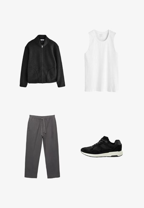 Čierna fleecová bunda s vysokým golierom, plným predným zipsom a dvoma bočnými vreckami. Textúrovaná tkanina s mäkkým a plyšovým pocitom.; Biely bezrukávový top z bavlny. Obsahuje okrúhly výstrih a rovný lem s bežným strihom, bez vzorov alebo ozdôb.; Sivé, ľahké nohavice s elastickým pásom a šnúrkou. Majú zúžené nohavice a hladkú, mierne textúrovanú tkaninu.; Čierna atletická obuv vyrobená zo semišu a sieťoviny, s okrúhlou špičkou, šnurovaním a bielou gumovou podrážkou s textúrovanými akcentmi.