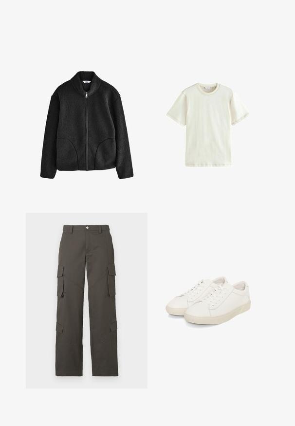 Čierna fleecová bunda s vysokým golierom, plným predným zipsom a dvoma bočnými vreckami. Textúrovaná tkanina s mäkkým a plyšovým pocitom.; Bavlnené tričko v krémovej farbe s krátkymi rukávmi, okrúhlym výstrihom a kontrastným prešitím. Ľahká látka s hladkou textúrou.; Tmavohnedé cargo nohavice s rovnými nohavicami, so zapínaním na gombík a štyrmi vreckami s chlopňou, dvoma na stehnách a dvoma blízko lýtok.; Biele kožené tenisky s hladkou textúrou, s okrúlymi špičkami, s viazaním a s mierne vyvýšenou gumovou podrážkou.