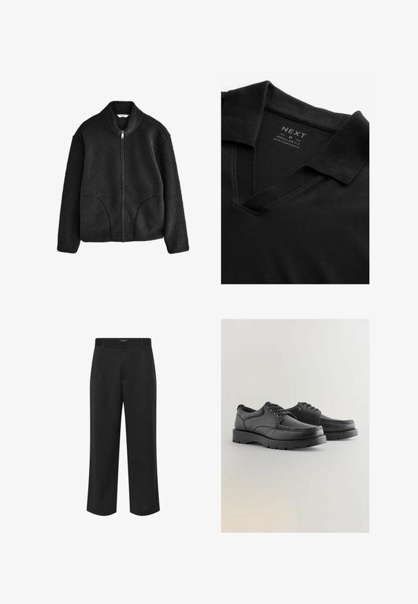 Czarna polarowa kurtka z wysokim kołnierzem, pełnym zamkiem z przodu oraz dwoma bocznymi kieszeniami. Teksturowany materiał o miękkim, pluszowym wykończeniu.; Czarna koszulka polo z dekoltem w serek i teksturowanym materiałem. Posiada złożony kołnierzyk oraz metkę z informacjami o marce i rozmiarze. Regularny krój.; Czarna spodnie wykonane z tkanej tkaniny, z prostym krojem nogawki, kieszeniami po bokach i gładką teksturą. Odpowiednie do formalnych lub casualowych strojów.; Czarne skórzane buty z teksturowaną cholewką, okrągłym noskiem, sznurowanym zapięciem oraz grubą gumową podeszwą z bieżnikiem.