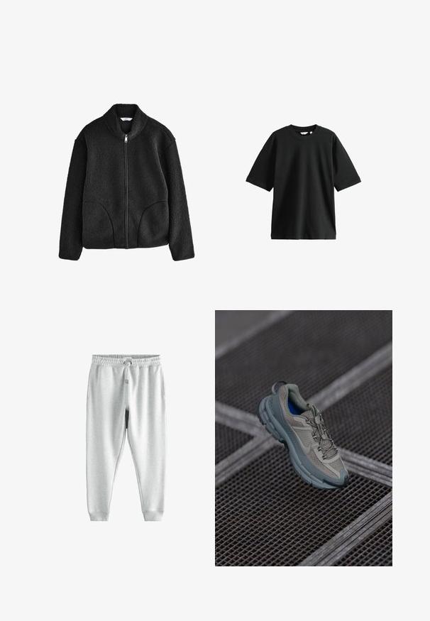 Zwarte fleecjack met hoge kraag, volledige rits aan de voorkant en twee zijzakken. Geweven stof met een zachte, pluizige textuur.; Zwarte T-shirt met korte mouwen, gemaakt van katoen, met een ronde hals en een losse pasvorm. Het heeft een zachte textuur en minimale details.; Grijze sweats met een elastische tailleband, twee zijzakken en aansluitende enkels, gemaakt van zachte, gestructureerde stof.; Beige en grijze sportschoen met een textuur van mesh bovenwerk, een ronde neus en een rubberen zool, met veters en een gevoerd kransje.