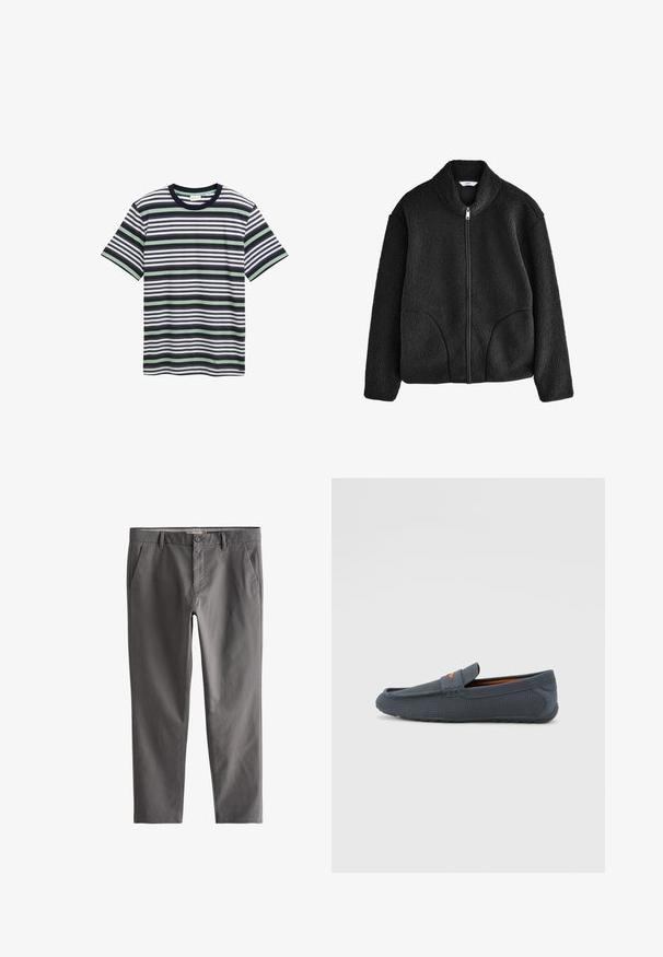 Schwarze Fleecejacke mit hohem Kragen, durchgehendem Reißverschluss und zwei Seitentaschen. Strukturiertes Material mit einem weichen, plüschigen Gefühl.; Gestreiftes T-Shirt in Marineblau, Weiß und Grün. Hat einen runden Halsausschnitt, kurze Ärmel und unterschiedliche horizontale Streifen über den Stoff.; Graue Baumwollmischhosen mit Knopfverschluss, Gürtelschlaufen, Vordertaschen, tailliertem Schnitt und glatter Textur.; Graue durchbrochene Slipper mit einem Schlupfdesign, featuring einem orangen Akzent, runder Zehenform und strukturiertem Gummisohle.