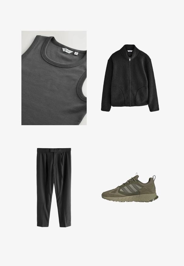 Chaqueta de forro polar negra con cuello alto, cremallera frontal completa y dos bolsillos laterales. Tejido texturizado con una sensación suave y esponjosa.; Top sin mangas de canalé gris oscuro con cuello redondo y una etiqueta de ropa visible en el cuello.; Next REGULAR FIT -CHECK SMART - Pantalones chinos - black; Zapatilla deportiva de color verde olivo con una parte superior texturizada, paneles de malla y tres rayas blancas. Suela redondeada con patrón de tracción.