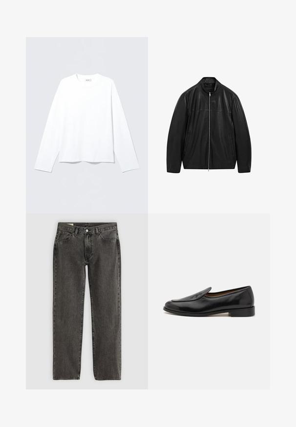 Black zip-up leather jacket with stand collar and two front side pockets, designed with smooth and matte leather paneling.; Navy blue long-sleeve sweatshirt with raglan sleeves, round neckline, ribbed cuffs, and hem. Smooth cotton fabric, minimalistic design.; White long-sleeve shirt made from soft fabric, featuring a rounded neckline and loose fit. Smooth texture with no patterns or accents.; Black faded straight-leg jeans with five pockets, button closure, and belt loops, laid flat on a white background.; Black leather loafers with a smooth finish, rounded toe, low heel, and side slits for easy wear. Features a subtle logo detail on the front.