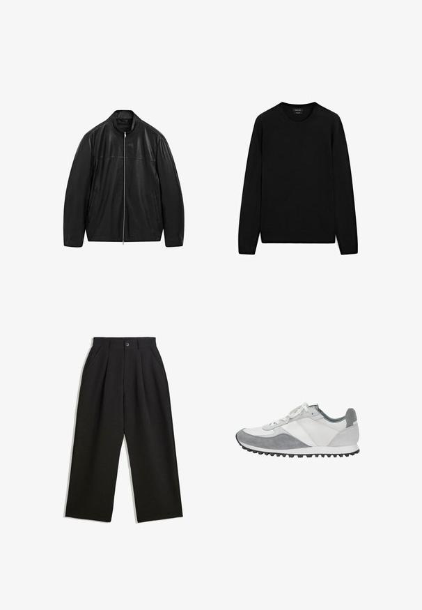 Giacca in pelle nera con zip e colletto alto, progettata con pannelli di pelle liscia e opaca e dotata di due tasche frontali laterali.; Maglione nero realizzato in morbido tessuto, con scollo rotondo, maniche lunghe e vestibilità comoda. Non sono visibili motivi o dettagli.; Pantaloni neri con una vestibilità comoda, caratterizzati da pieghe frontali, tasche laterali e chiusura con bottone. Realizzati in tessuto testurizzato.; Sneakers bianchi e grigi realizzati in una combinazione di pelle liscia e suede, con una suola texturizzata e un design slanciato. I lacci sono bianchi.