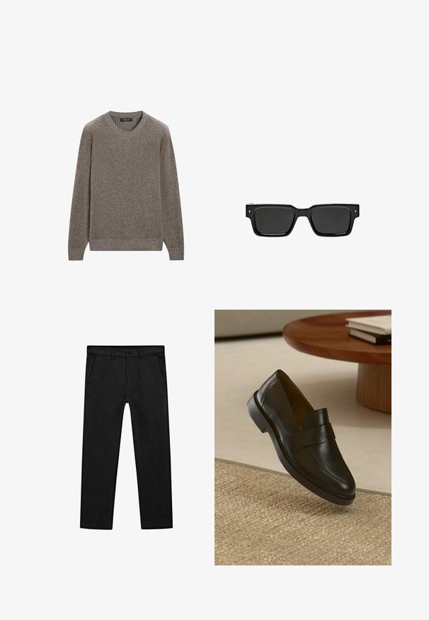 Svart läderjacka med dragkedja och ståkrage samt två sidofickor framtill, designad med släta och matta läderpaneler.; Brun ribbade stickade tröja med rundad halsringning och långa ärmar, med en strukturerad tyg och åtsittande muddar och fåll. Enkel design.; Svarta bomullsbyxor med rak benform, framfickor och ett klassiskt knappstängningssystem med blixtlås. Slät textur, skräddarsydd passform.; Svart läderloafer med en slät yta, rund tå och ett dekorativt band över ovansidan. Låg gummihäl, placerad mot en strukturerad yta.; Svarta rektangulära solglasögon med mörka linser, glänsande plastbåge och små signaturdetaljer på skaften. Platt profil och skarpa hörn.