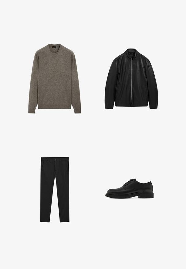 Černá kožená bunda na zip s stojáčkovým límcem a dvěma předními bočními kapsami, navržená s hladkými a matnými koženými panely.; Hnědý pletený svetr s kulatým výstřihem a dlouhými rukávy, žebrované manžety a lem, měkká textura a jednoduchý design bez vzorů nebo zdobení.; Černé chinos kalhoty s rovnými nohavicemi, vyrobené z měkké látky. Mají zapínání na knoflík, poutka na opasek a boční kapsy. Hladká struktura.; Černé kožené společenské boty s texturovaným povrchem, kulatou špičkou, pěti otvory na tkaničky a pevnou černou podrážkou. Jednoduchý, rovný design.