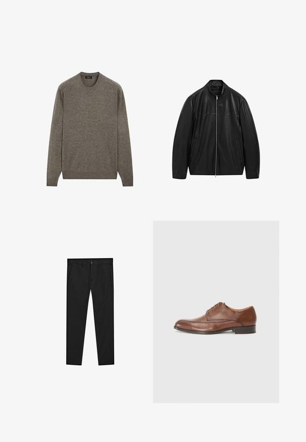 Black zip-up leather jacket with stand collar and two front side pockets, designed with smooth and matte leather paneling.; Brown knit crewneck sweater with long sleeves, ribbed cuffs and hem, soft texture, and a simple design without patterns or embellishments.; Black chinos with a straight-leg design, made of soft fabric. Features a button closure, belt loops, and side pockets. Smooth texture.; Brown leather dress shoe with a smooth finish, rounded toe, five-eyelet lacing, and a low, flat heel. Subtle stitching accents along the sides.