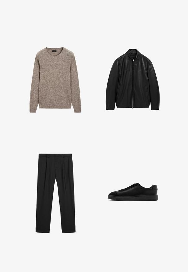 Zwarte leren jack met rits en staande kraag, voorzien van twee voorzakken, ontworpen met een combinatie van gladde en matte leren panelen.; Bruine gebreide trui met een ronde halslijn, lange mouwen en een gestructureerde afwerking. De stof lijkt zacht en iets dikker.; Zwarte geplooide broeken gemaakt van een gladde stof, met een traditionele tailleband en een recht gesneden ontwerp. Geen zichtbare patronen of hardware.; Zwarte leren sneakers met een gladde afwerking, ronde neus, vetersluiting aan de voorkant en een contrasterende, gestructureerde tong. Dikke zwarte rubberen zool.