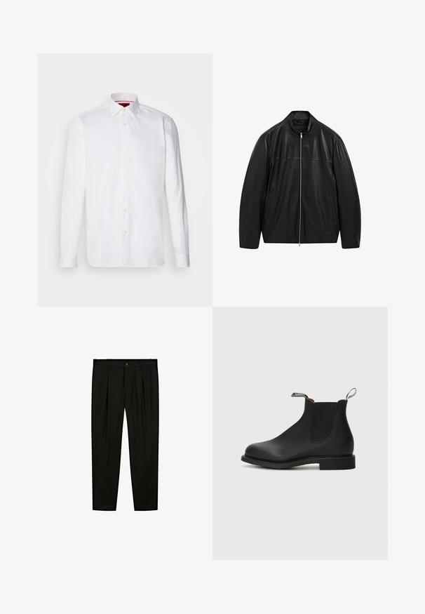 Zwarte leren jack met rits en staande kraag, voorzien van twee voorzakken, ontworpen met een combinatie van gladde en matte leren panelen.; Witte overhemd met lange mouwen van katoen, met een klassieke kraag, een voorkant met knopen en een gladde textuur. Rode details aan de binnenkant van de kraag.; Zwarte op maat gemaakte broeken van soepel materiaal. Kenmerken zijn een platte voorkant, brede pijpen en een knoopsluiting bij de taille.; Zwarte leren Chelsea-boot met elastische zijpanelen, ronde neus en trekhaak. Beschikt over een lage blokhak en een gladde textuur.