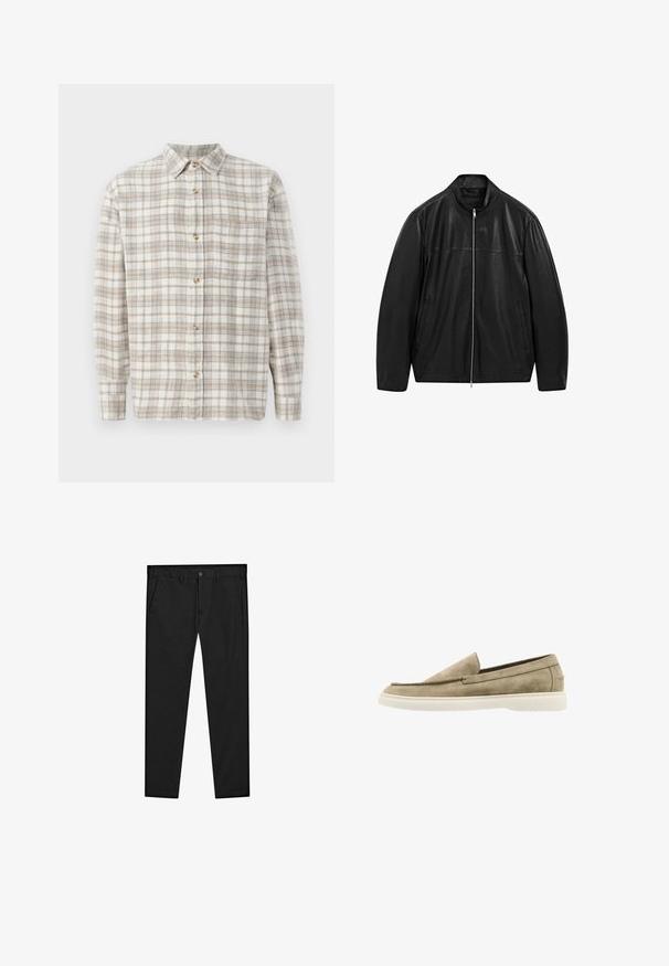 Black zip-up leather jacket with stand collar and two front side pockets, designed with smooth and matte leather paneling.; Check shirt in beige and white plaid pattern with light blue accents. Long sleeves, button-down front, and single chest pocket. Cotton material.; Black chinos with a straight-leg design, made of soft fabric. Features a button closure, belt loops, and side pockets. Smooth texture.; Beige suede slip-on shoes with a rounded toe, stitched detailing, and a white rubber sole. Simple design with a smooth texture.