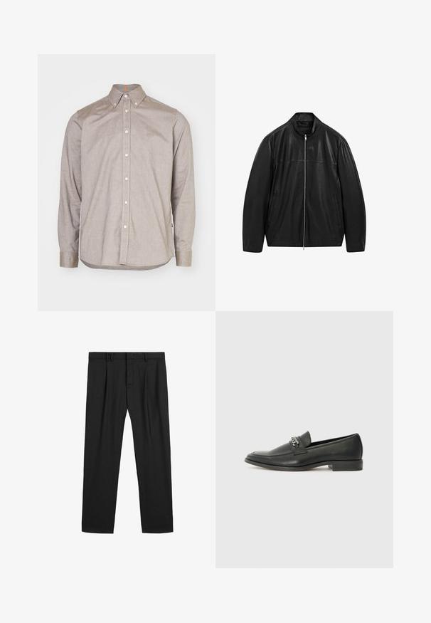 Zwarte leren jack met rits en staande kraag, voorzien van twee voorzakken, ontworpen met een combinatie van gladde en matte leren panelen.; Lichtbruine button-up shirt met een kraag, lange mouwen en witte knopen. Bevat een subtiele textuur en een geborduurd logo op de linkerborst.; Zwarte geplooide broeken gemaakt van een gladde stof, met een traditionele tailleband en een recht gesneden ontwerp. Geen zichtbare patronen of hardware.; Zwarte leren instapper met een gladde afwerking, voorzien van een gestikt ontwerp en een decoratieve metalen kettingaccent over de wreef. Platte hak.