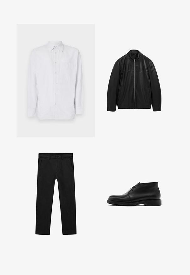 Zwarte leren jack met rits en staande kraag, voorzien van twee voorzakken, ontworpen met een combinatie van gladde en matte leren panelen.; Gestreept overhemd van lichtgewicht stof, met een borstzak, lange mouwen en een kraag in lichtblauwe en witte tinten.; Zwarte katoenen broek met een rechte pijp, voorzakken en een klassieke knoopsluiting met een ritssluiting. Soepele textuur, nauwsluitende pasvorm.; Zwarte leren enkellaarsjes met een afgeronde neus, veterluiting en een platte rubberen zool. Zachte textuur met minimale details.