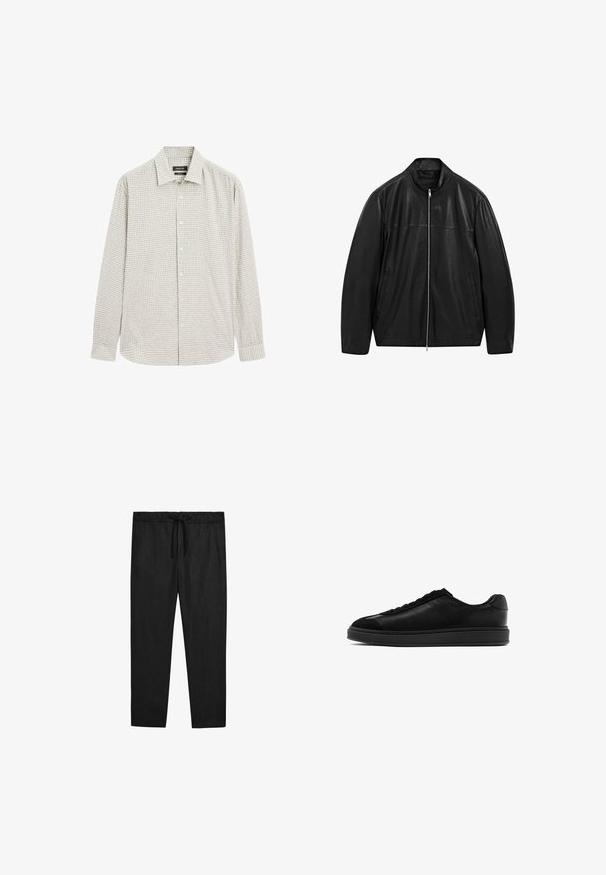 Zwarte leren jack met rits en staande kraag, voorzien van twee voorzakken, ontworpen met een combinatie van gladde en matte leren panelen.; Overhemd met knopen in lichtgroen ruitpatroon, gemaakt van een katoenmix. Heeft een klassieke kraag en lange mouwen, met een rechte zoom.; Massimo Dutti JOGGER FIT - Broek - black; Zwarte leren sneakers met een gladde afwerking, ronde neus, vetersluiting aan de voorkant en een contrasterende, gestructureerde tong. Dikke zwarte rubberen zool.