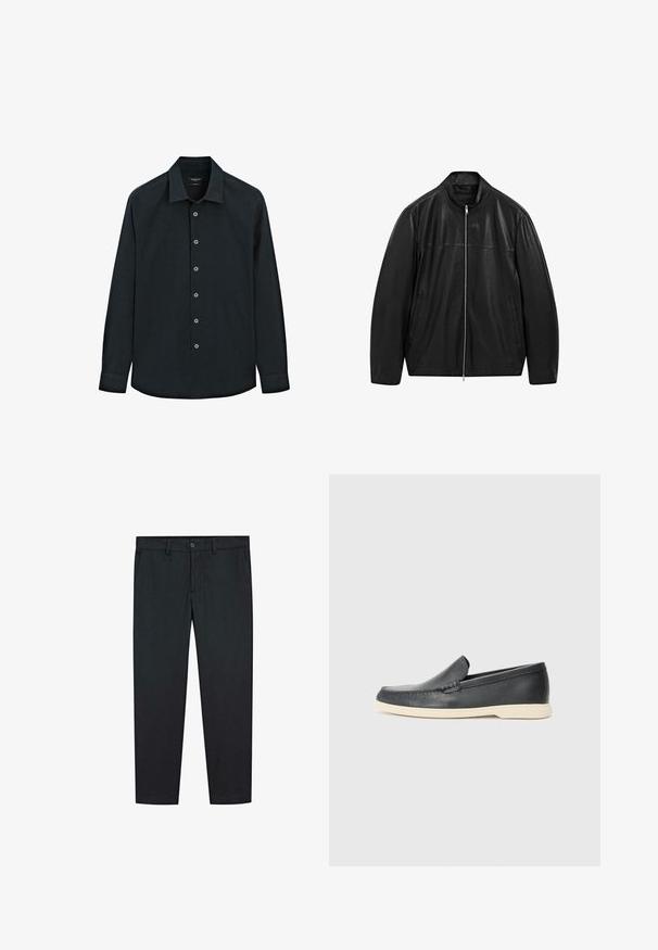 Sort zip-up læderjakke med opretstående krave og to forreste sidelommer, designet med glat og mat læderpaneler.; Sort langærmet skjorte med knaplukning og krave, syv knapper ned foran og manchetter, vist på hvid baggrund.; Sorte bukser med lige ben design, lavet af glat stof. Har to forlommer og en knaplukning i taljen.; Sorte læder slip-on loafers med en struktureret overflade og en kontrasterende beige gummisål. Har en subtil detalje langs forsiden.