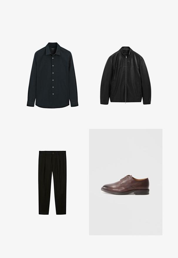 Sort zip-up læderjakke med opretstående krave og to forreste sidelommer, designet med glat og mat læderpaneler.; Sort langærmet skjorte med knaplukning og krave, syv knapper ned foran og manchetter, vist på hvid baggrund.; Sorte skræddersyede bukser lavet af glat stof. Funktioner inkluderer flad front, brede ben og en knaplukning i taljen.; Brune læder snøreherresko med glat finish og stablet hæl på hvid baggrund.